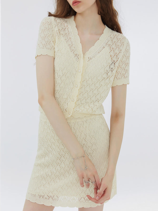 cubic Thin Lace Knit Cardigan and Mini Skirt Set Lavender