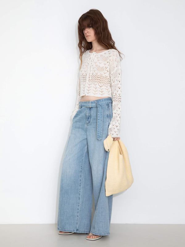 Cubic Tie Hollow-Out Knit Long Sleeve Cardigan White