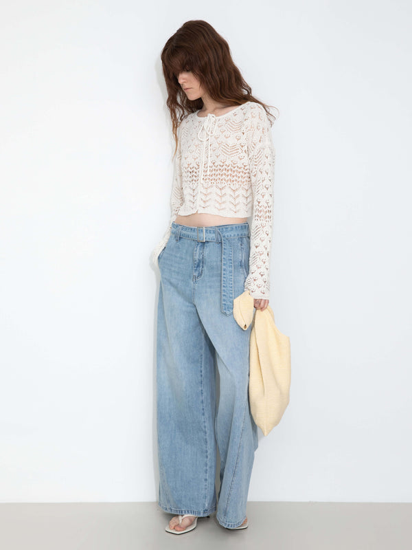 Cubic Tie Hollow-Out Knit Long Sleeve Cardigan White