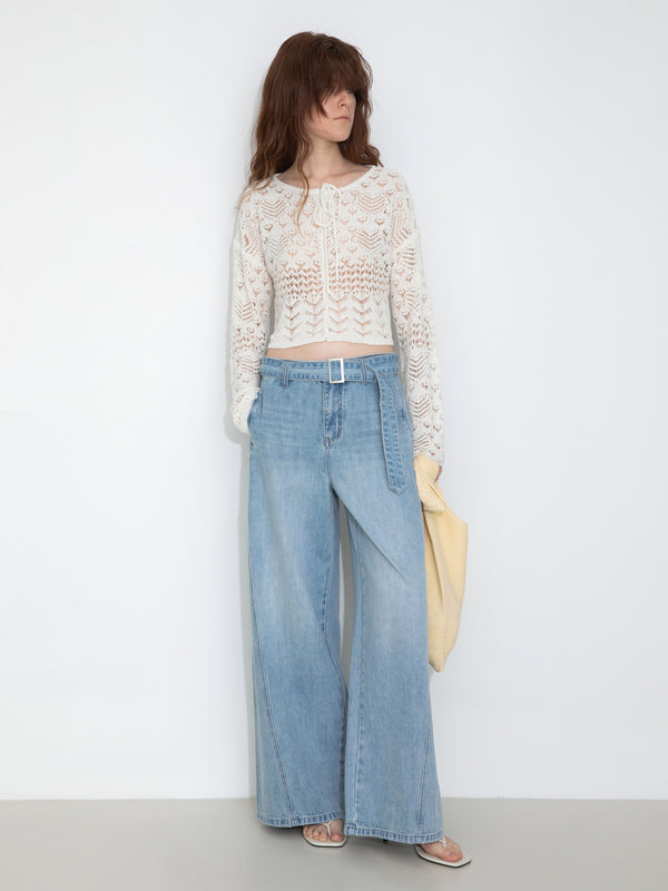 cubic Tie Hollow-Out Knit Long Sleeve Cardigan White