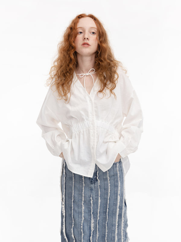 Cubic V-Neck Drawstring Peplum Blouse Yellowish Brown