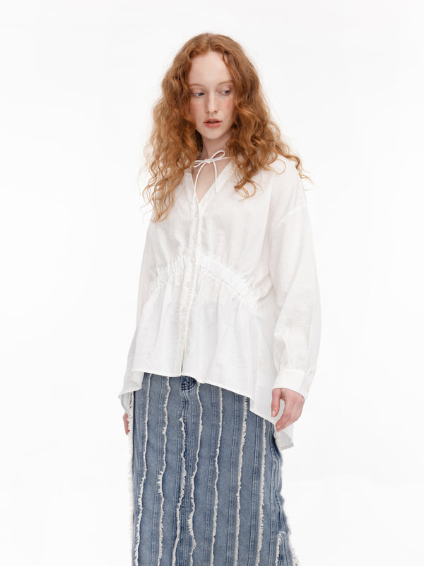 Cubic V-Neck Drawstring Peplum Blouse Yellowish Brown