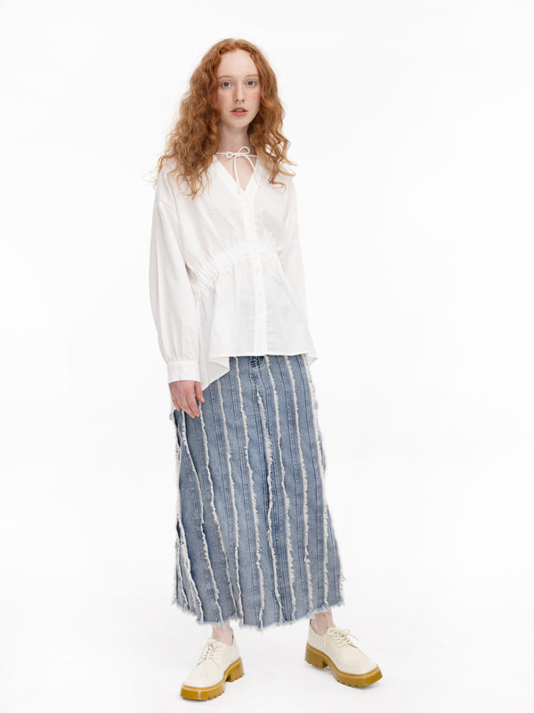 cubic V-Neck Drawstring Peplum Blouse Yellowish Brown