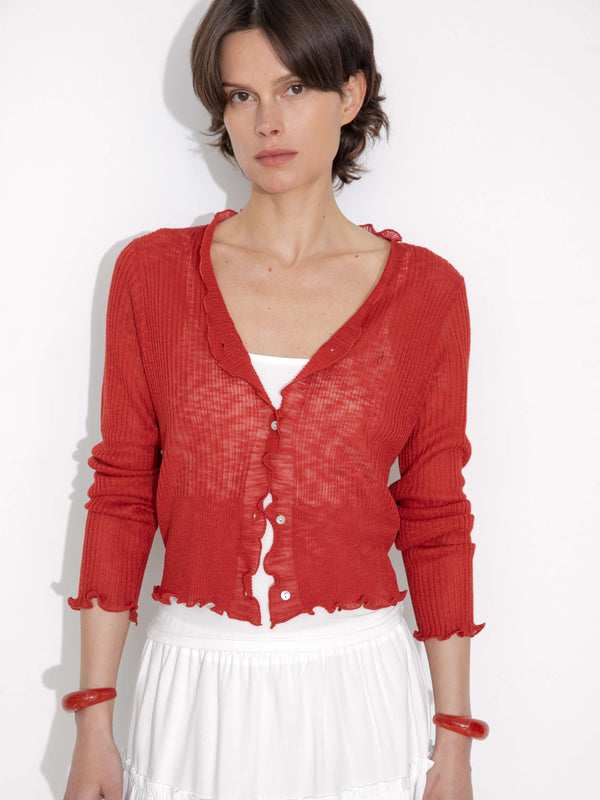 Cubic V-Neck Knit Cardigan With Ruffled Long Sleeves Red