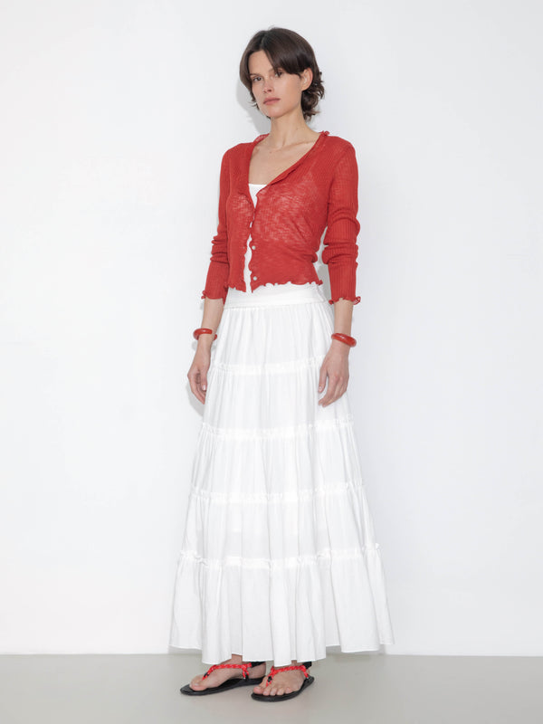 Cubic V-Neck Knit Cardigan With Ruffled Long Sleeves Red