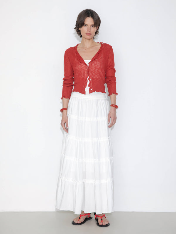 cubic V-Neck Knit Cardigan with Ruffled Long Sleeves Red