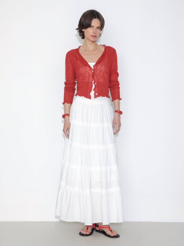 Cubic V-Neck Knit Cardigan With Ruffled Long Sleeves Red