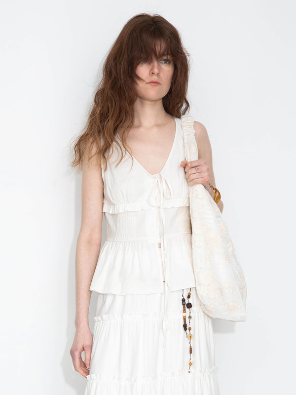 Cubic V-Neck Ruffle Trim Tie-Front Sleeveless Top White