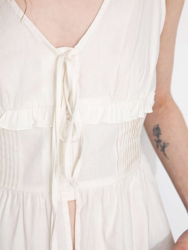 Cubic V-Neck Ruffle Trim Tie-Front Sleeveless Top White