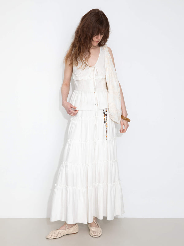 cubic V-Neck Ruffle Trim Tie-Front Sleeveless Top White