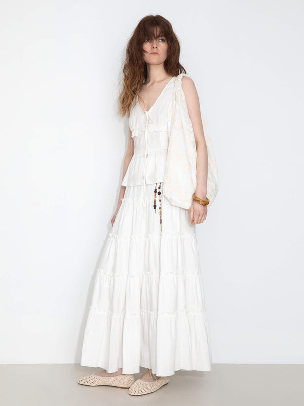 Cubic V-Neck Ruffle Trim Tie-Front Sleeveless Top White