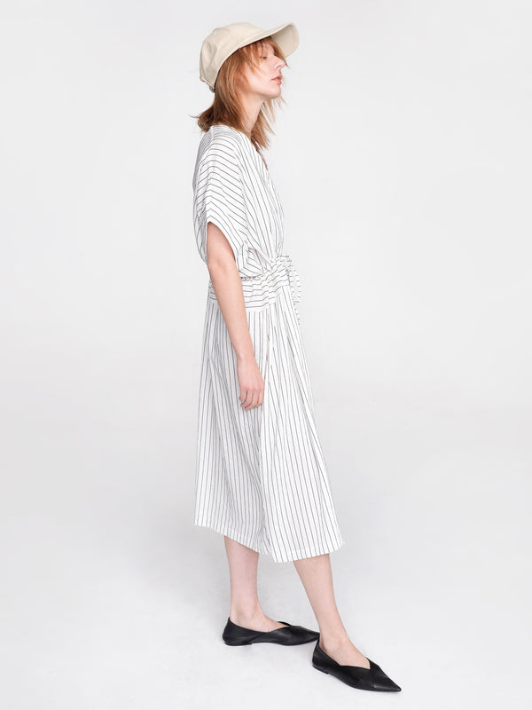 Cubic Vertical Striped V-Neck Thin Shirt Dress White
