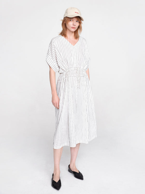Cubic Vertical Striped V-Neck Thin Shirt Dress White