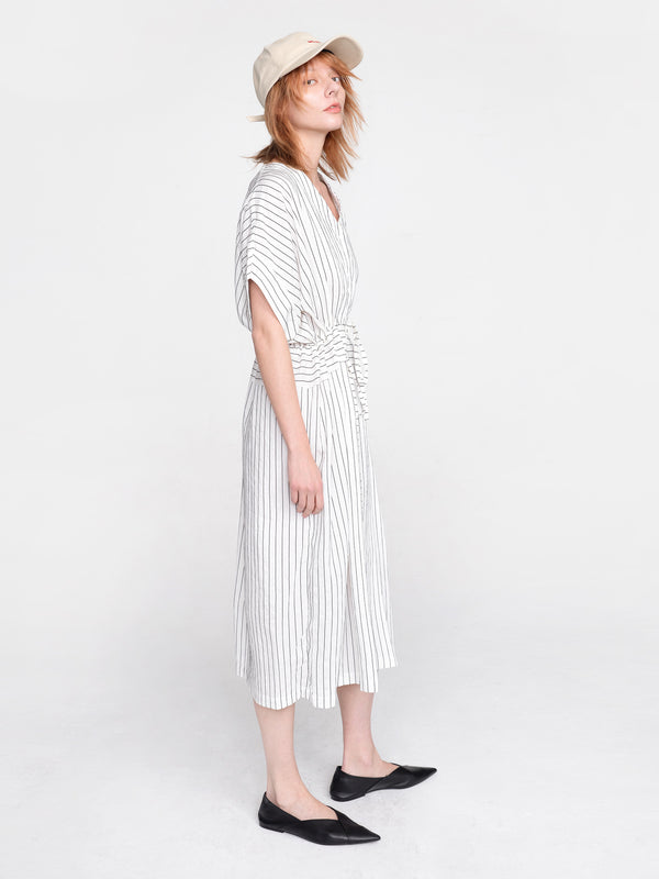 Cubic Vertical Striped V-Neck Thin Shirt Dress White