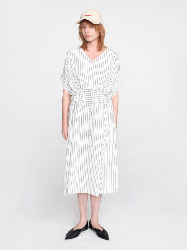cubic Vertical Striped V-Neck Thin Shirt Dress White