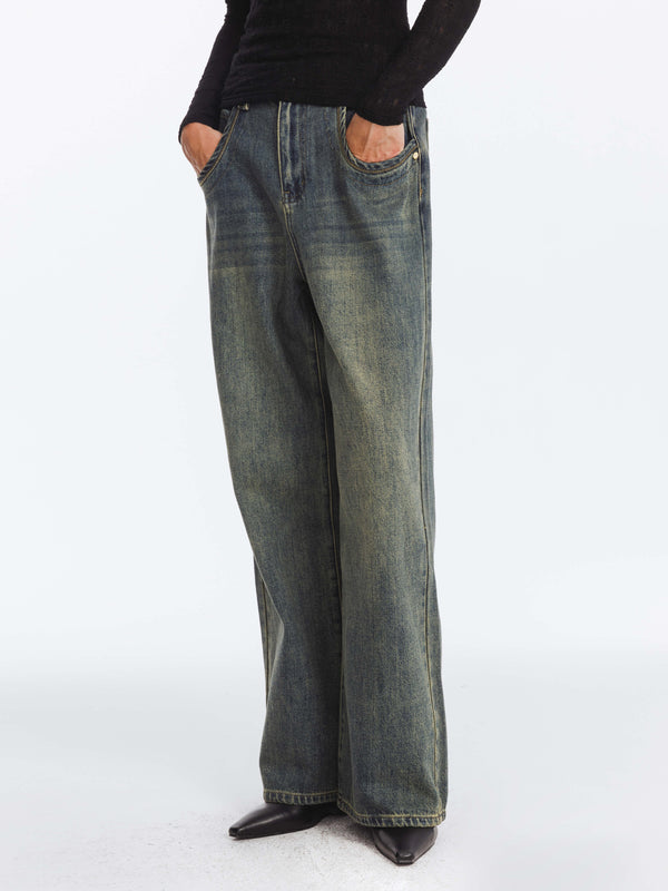 Cubic Vintage Denim Washed Straight Leg Jeans SteelBlue