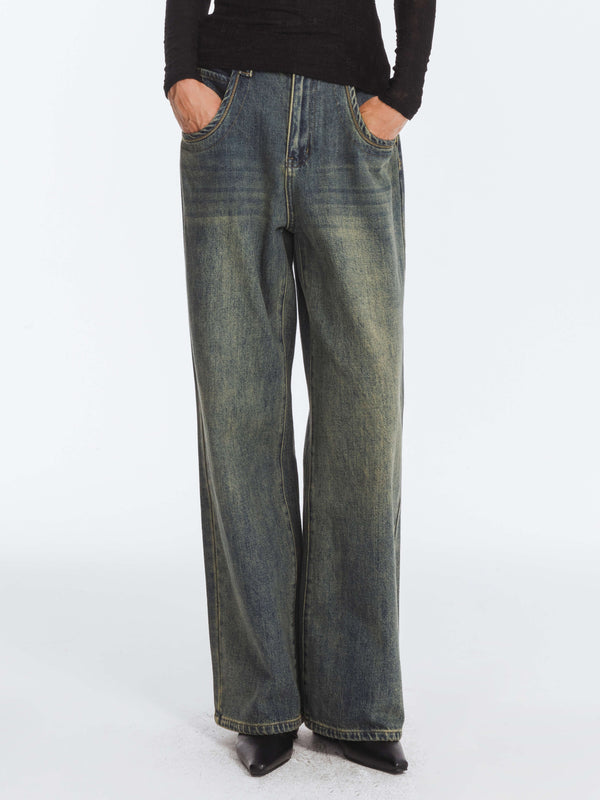 cubic Vintage Denim Washed Straight Leg Jeans SteelBlue