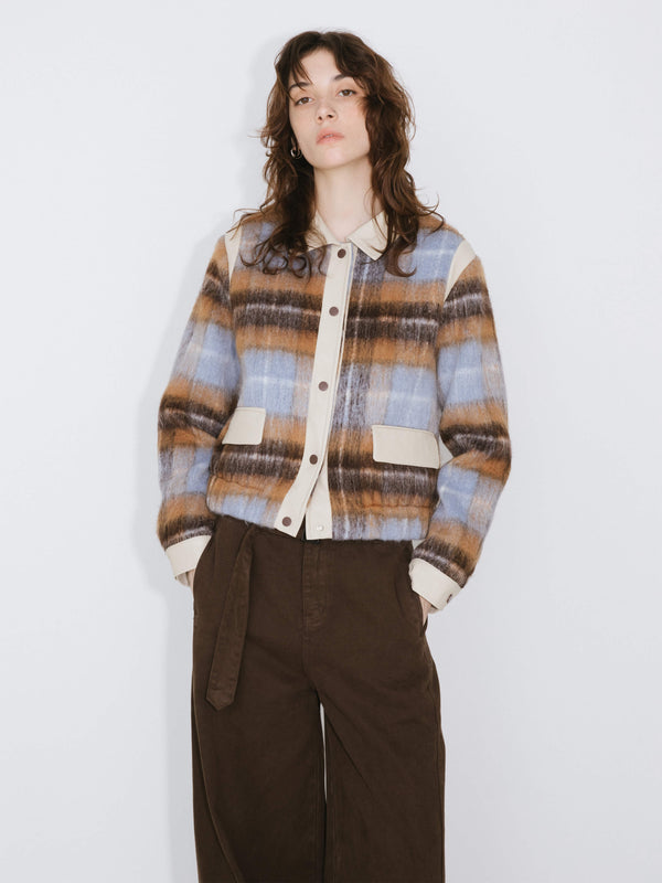 Cubic Wool Tartan And Faux Leather Jacket SaddleBrown