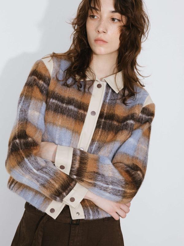 Cubic Wool Tartan And Faux Leather Jacket SaddleBrown