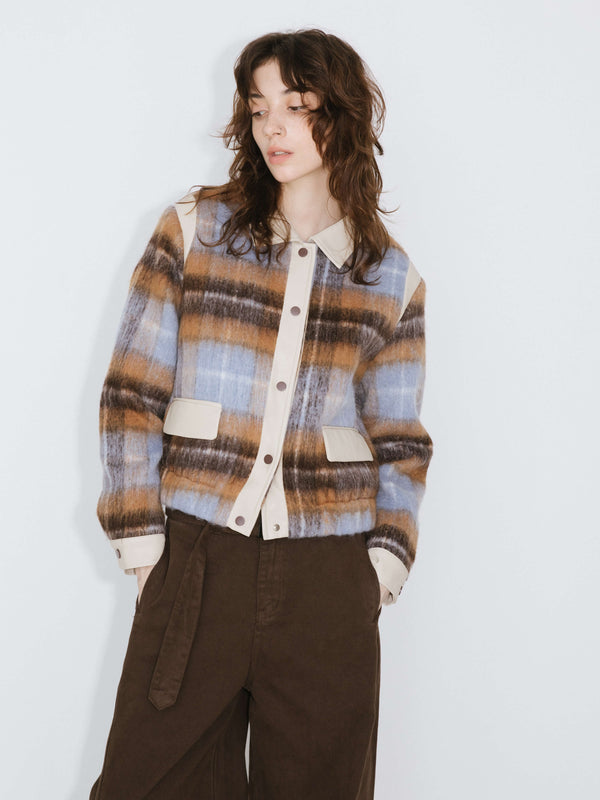 Cubic Wool Tartan And Faux Leather Jacket SaddleBrown