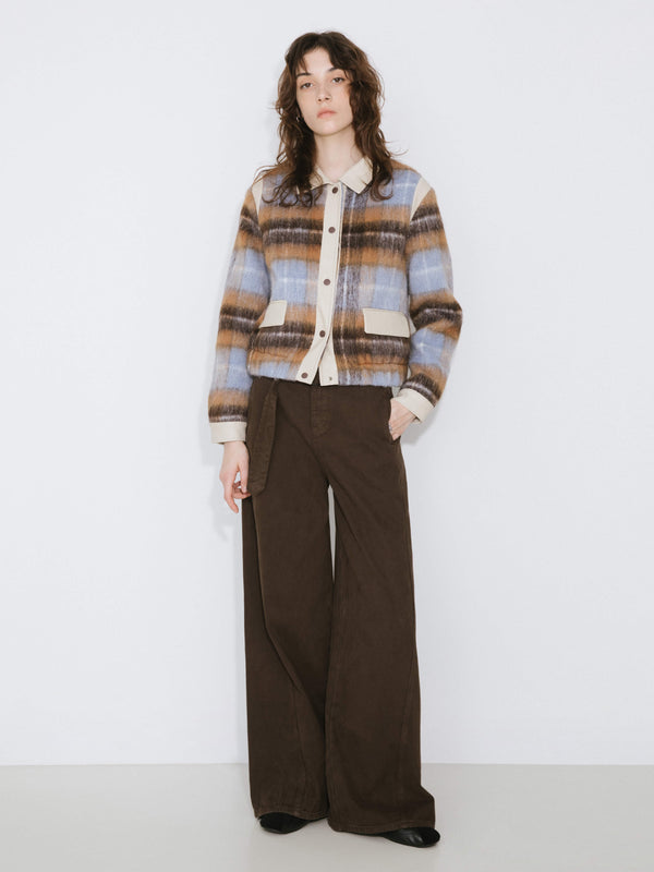cubic Wool Tartan and Faux Leather Jacket SaddleBrown