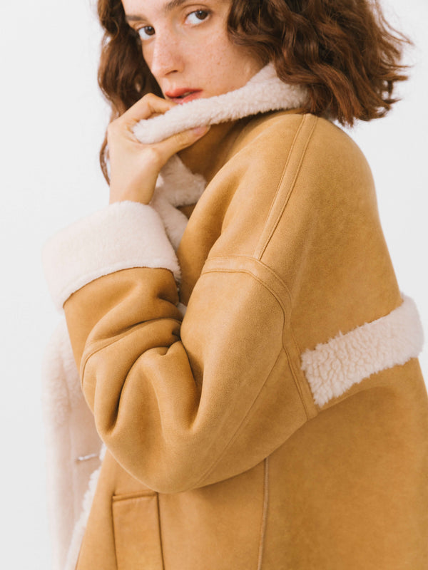 Cubic Yellow Faux Leather Sheep Wool Long Coat Camel