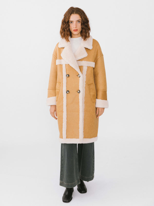 Cubic Yellow Faux Leather Sheep Wool Long Coat Camel