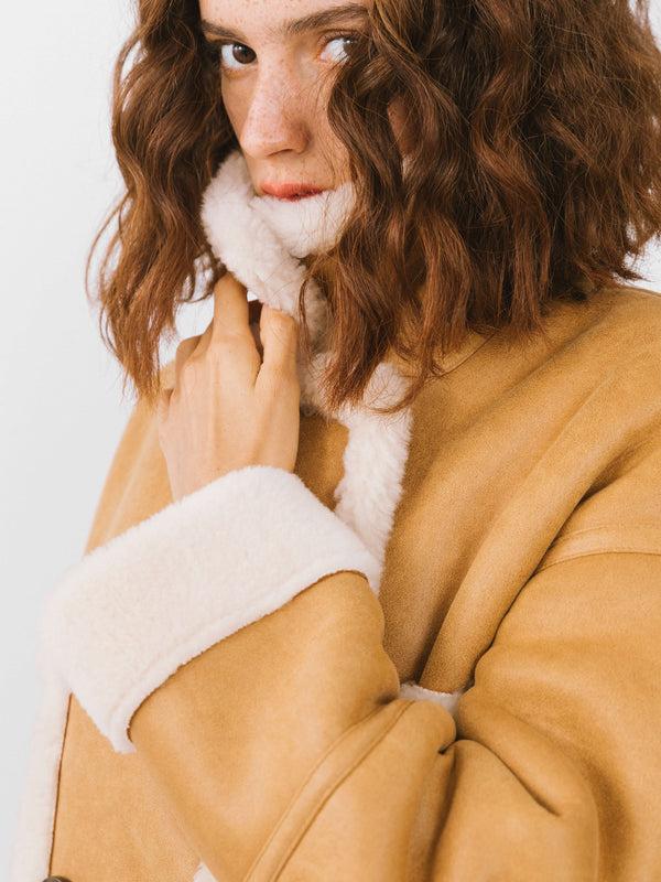 Cubic Yellow Faux Leather Sheep Wool Long Coat Camel