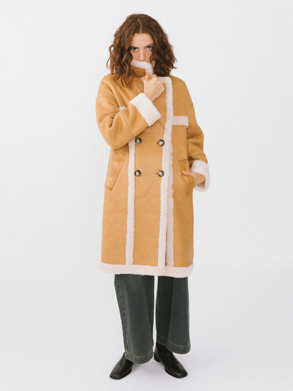 cubic Yellow Faux Leather Sheep Wool Long Coat Camel