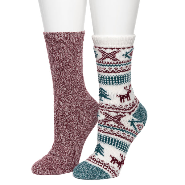 Cuddl Duds Allover Reindeer/Twist Rib Crew Sock 2 Pack Socks