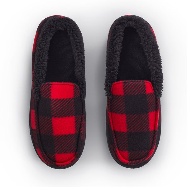 cuddl duds Boys Buffalo Check Fleece Moccasin Slipper Shoes