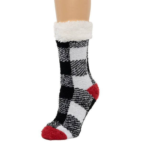 Cuddl Duds Buffalo Check Pop Heel-Toe Faux Shearling Lined Lounge Crew Sock Socks