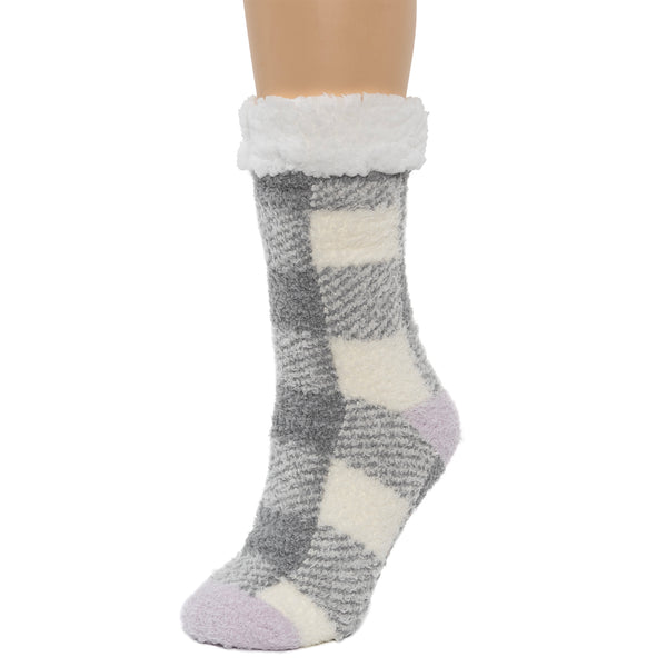 Cuddl Duds Buffalo Check Pop Heel-Toe Faux Shearling Lined Lounge Crew Sock Socks