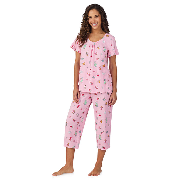 Cuddl Duds Cotton-Blend Ruffle Short Sleeve Top And Cropped Pants Pajama Set Pajamas