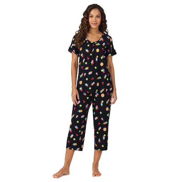 Cuddl Duds Cotton-Blend Ruffle Short Sleeve Top And Cropped Pants Pajama Set Pajamas