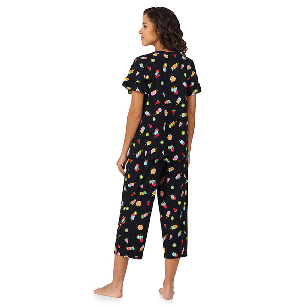 Cuddl Duds Cotton-Blend Ruffle Short Sleeve Top And Cropped Pants Pajama Set Pajamas