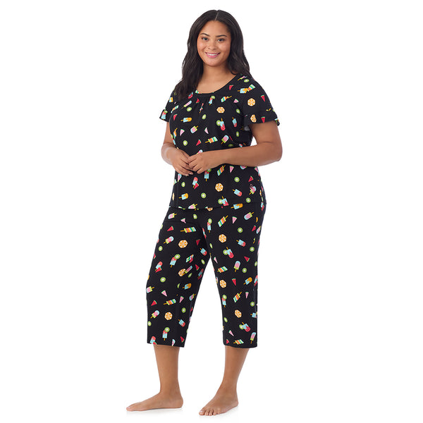 Cuddl Duds Cotton-Blend Ruffle Short Sleeve Top And Cropped Pants Pajama Set- PLUS Pajamas