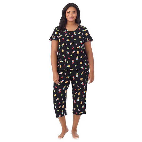 cuddl duds Cotton-Blend Ruffle Short Sleeve Top and Cropped Pants Pajama Set- PLUS Pajamas