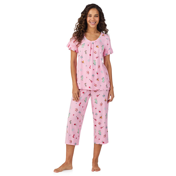 cuddl duds Cotton-Blend Ruffle Short Sleeve Top and Cropped Pants Pajama Set Pajamas