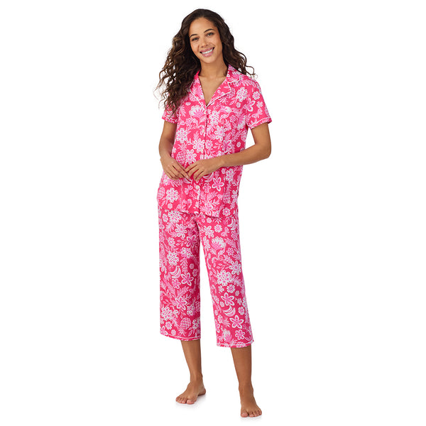 Cuddl Duds Cotton-Blend Short Sleeve Notch Collar With Cropped Pant Pajama Set Pajamas