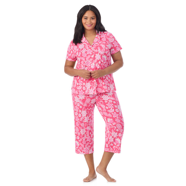 Cuddl Duds Cotton-Blend Short Sleeve Notch Collar With Cropped Pant Pajama Set PLUS Pajamas