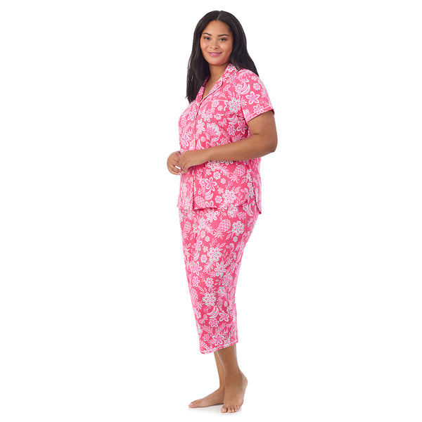 Cuddl Duds Cotton-Blend Short Sleeve Notch Collar With Cropped Pant Pajama Set PLUS Pajamas