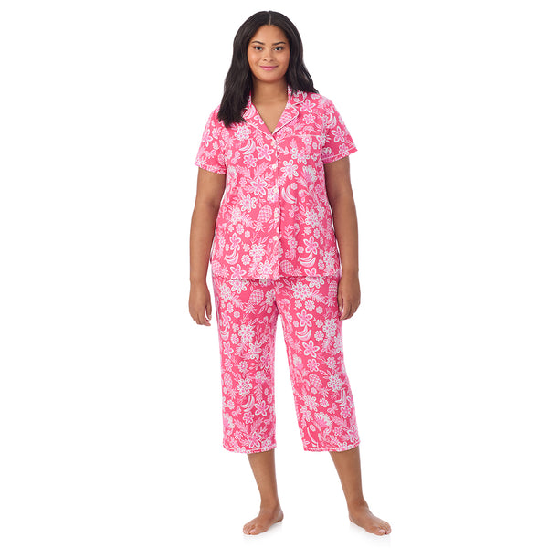 cuddl duds Cotton-Blend Short Sleeve Notch Collar with Cropped Pant Pajama Set PLUS Pajamas
