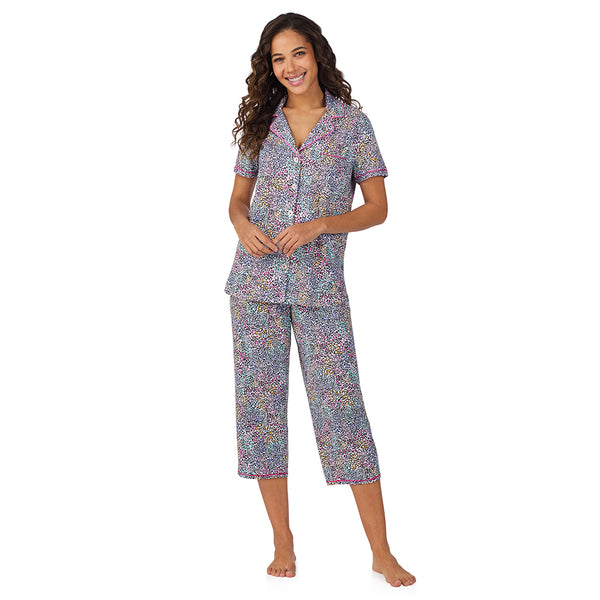 cuddl duds Cotton-Blend Short Sleeve Notch Collar with Cropped Pant Pajama Set Pajamas