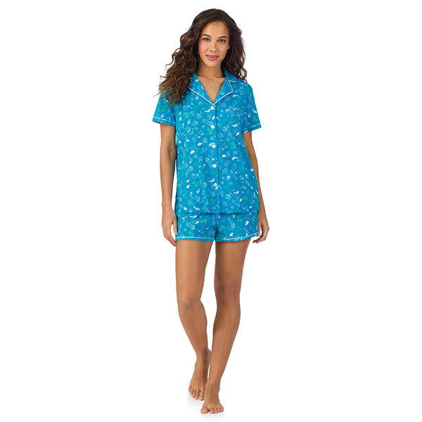 cuddl duds Cotton-Blend Short Sleeve Notch Collar with Short 2-Pc Pajama Set Pajamas