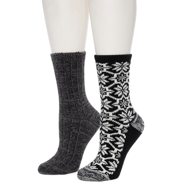 Cuddl Duds Large Snowflake/Solid Rib Crew Sock 2 Pack Socks