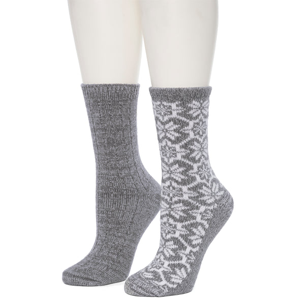 Cuddl Duds Large Snowflake/Solid Rib Crew Sock 2 Pack Socks