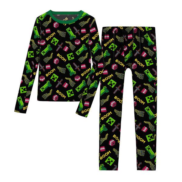 cuddl duds Minecraft Boys Stretch Poly 2 pc. Long Sleeve Crew & Pant Set Long Johns