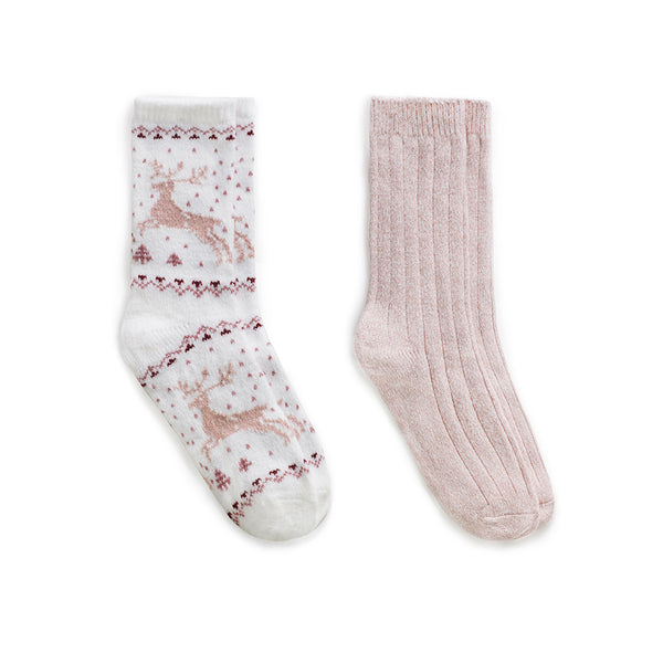 Cuddl Duds Reindeer Birdseye/Twist Rib Crew Sock 2 Pack Socks
