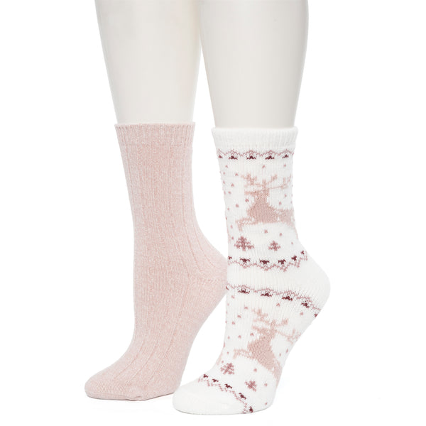 Cuddl Duds Reindeer Birdseye/Twist Rib Crew Sock 2 Pack Socks